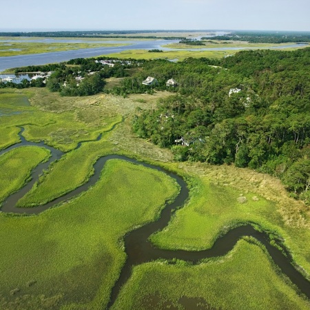 Aerial view of coastal waterway, Bald Head Island, North Carolina