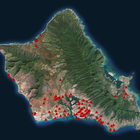 Locations of the LMSL and GPS comparison points on Oahu are shown as red triangles.