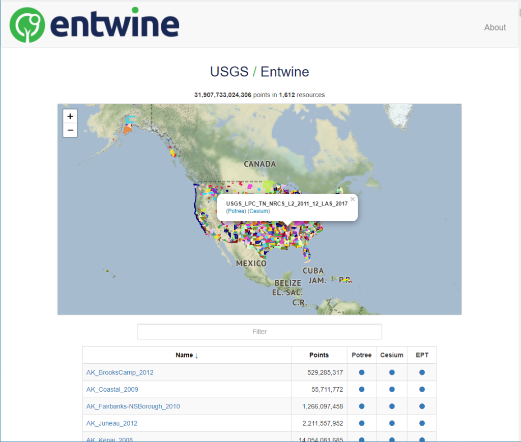 The usgs.entwine.io site is shown to illustrate how to find the USGS EPT and Potree links.
